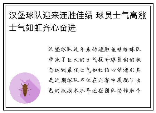 汉堡球队迎来连胜佳绩 球员士气高涨士气如虹齐心奋进