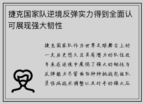 捷克国家队逆境反弹实力得到全面认可展现强大韧性