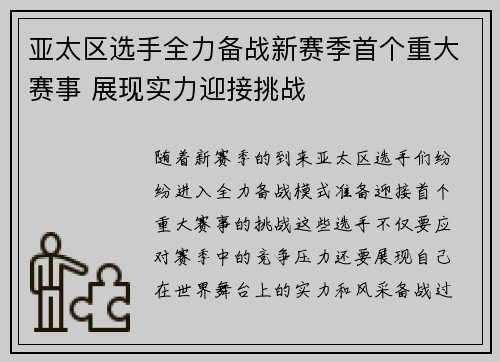 亚太区选手全力备战新赛季首个重大赛事 展现实力迎接挑战