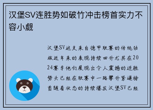 汉堡SV连胜势如破竹冲击榜首实力不容小觑