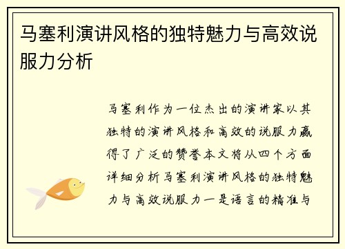 马塞利演讲风格的独特魅力与高效说服力分析
