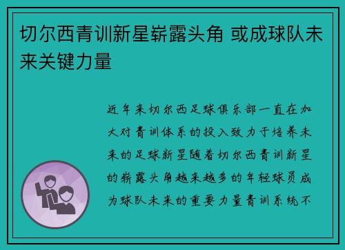 切尔西青训新星崭露头角 或成球队未来关键力量